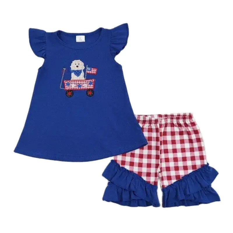 

RTS Baby Girls Wholesale Toddler 4th Of July Flag Dog Tunic Top Ruffle Shorts Boutique Outfits Holiday Summer Clothes Sets