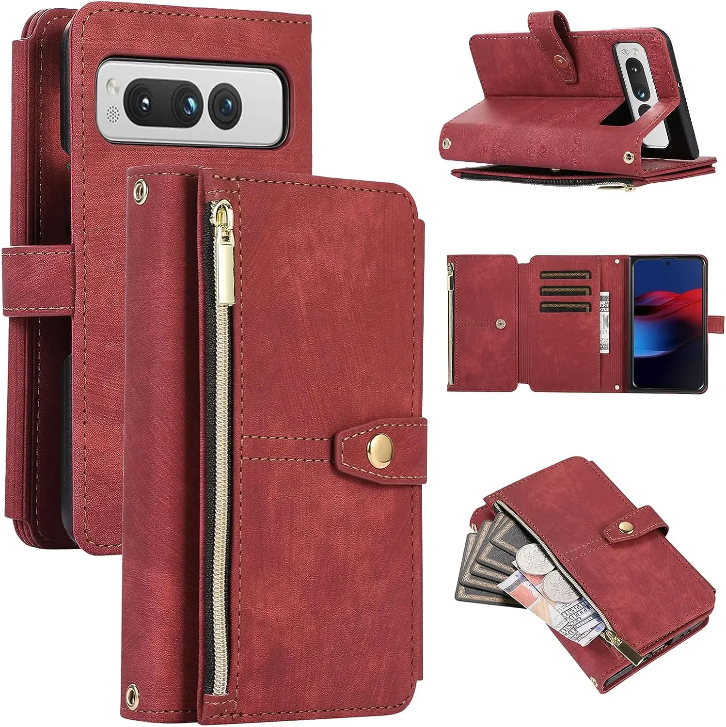 

Wallet Case for Google Pixel Fold, 9 Card Slots Retro Leather Wallet Shockproof Flip Cover with Hand Strap Card Slots Zipper