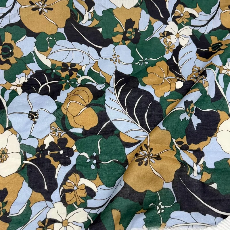 Long Staple Cotton Green Floral Print Lightweight Fabric Shirt Dress Summer Cool Breathable Soft Textured DIY Craft Material