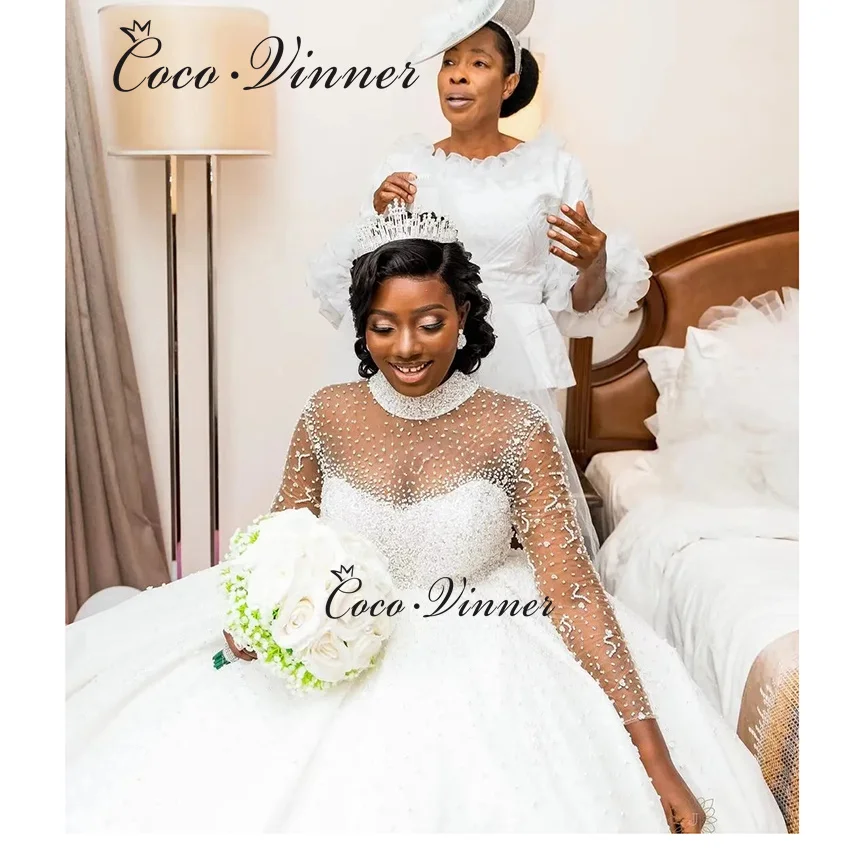 Vestidos de novia africanos transparentes con cuello alto personalizados con mangas tren largo vestido de novia de satén con cuentas de lujo W1385
