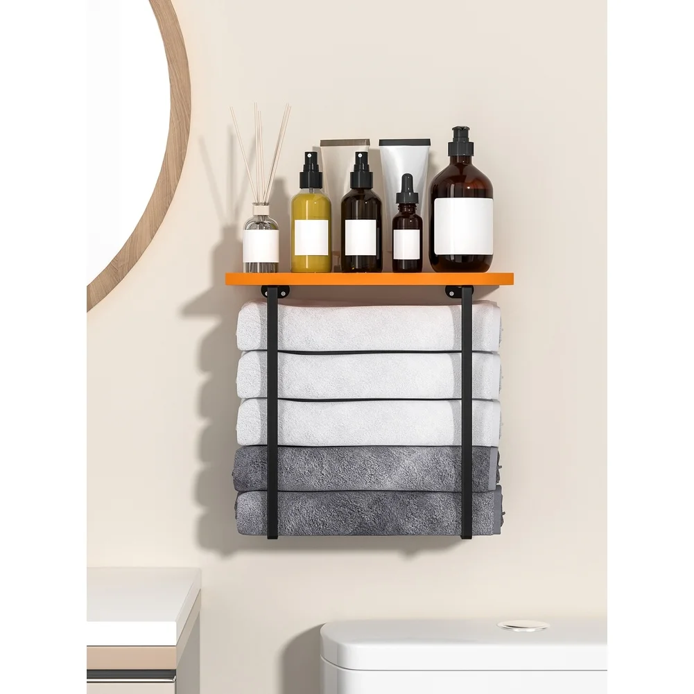 Contemporary Bathroom Towel Rack Wall Mounted with Wood Shelf and Towel Bar Carbon Steel Build for Modern Minimalist Interiors