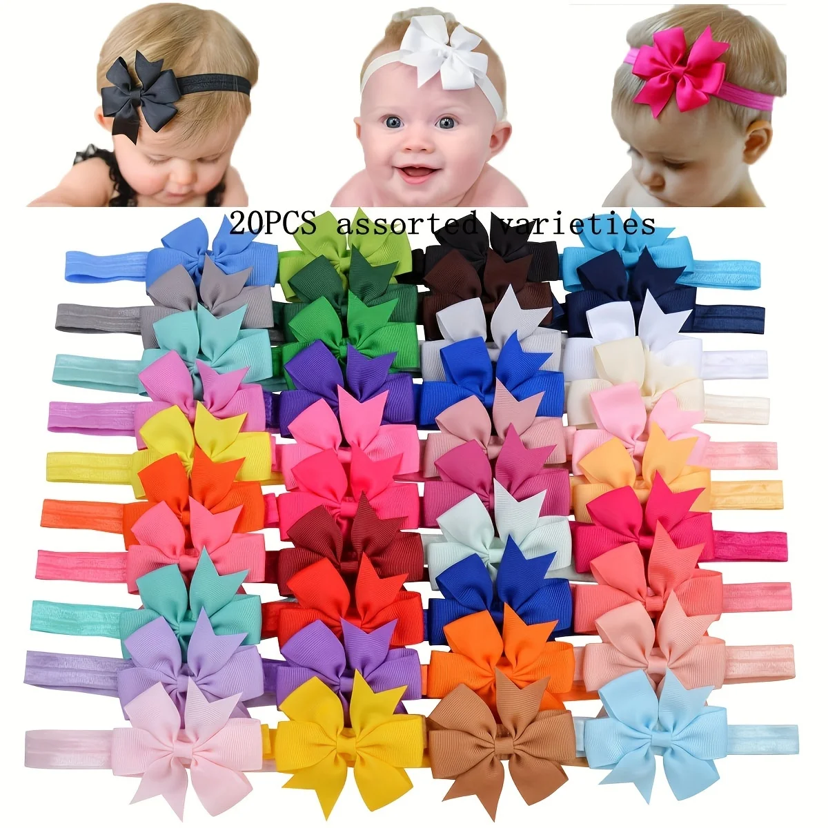 Headband com arco nó para bebê e criança, 20pcs, headband, tiara, elástico, acessórios de cabelo