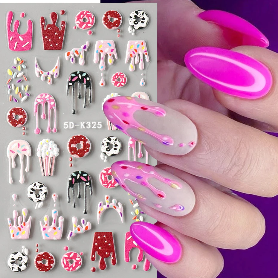 Adesivi per unghie gelato in rilievo 5D Simpatico cartone animato Ciambella Biscotto Torta Disegni Cibo estivo Nail Art Cursori adesivi Decalcomanie Decor
