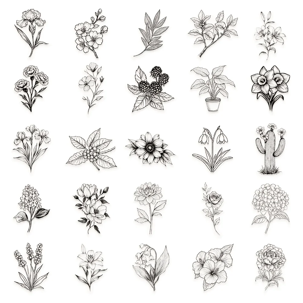 50 Stück Schwarz-Weiß Pflanzenaufkleber Einfache Linien Blumen Wasserdicht Dekorativ Laptop Scrapbook Tagebuch DIY Blumentopf-Aufkleber – Detail 5
