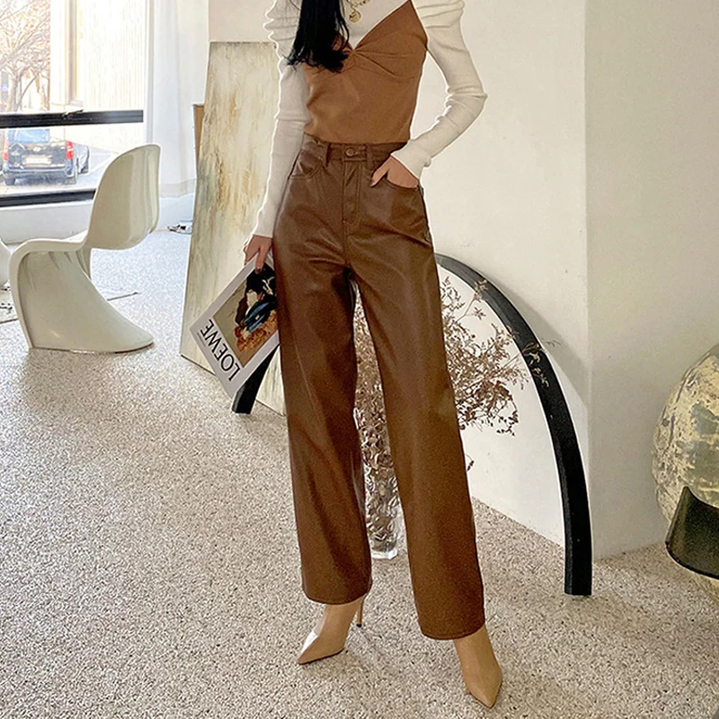 Genuine Leather Long Pants for Women Fall Winter Vintage Casual  Female Straight Leg Sheepskin Pants Fashion High Waist Trousers