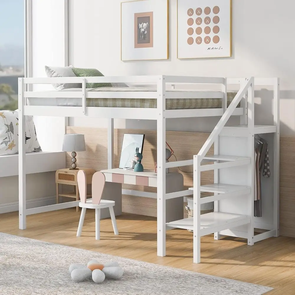 

Full Size Solid Wood Bed with Built-in Wardrobe and Staircase, Safety Guardrail, White