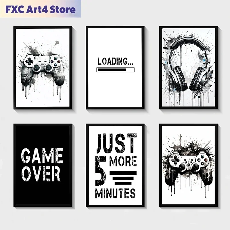 Frameless Black White Game Controller Wall Art Posters and Prints Canvas Paintings Mural Pictures for Playroom Decor Gaming Play