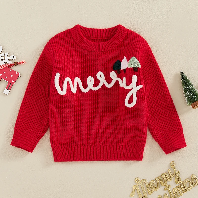 

Toddler Boys Girls Christmas Sweaters Letter Tree/Santa Embroidered Long Sleeve Round Neck Ribbed Knitted Pullover Tops