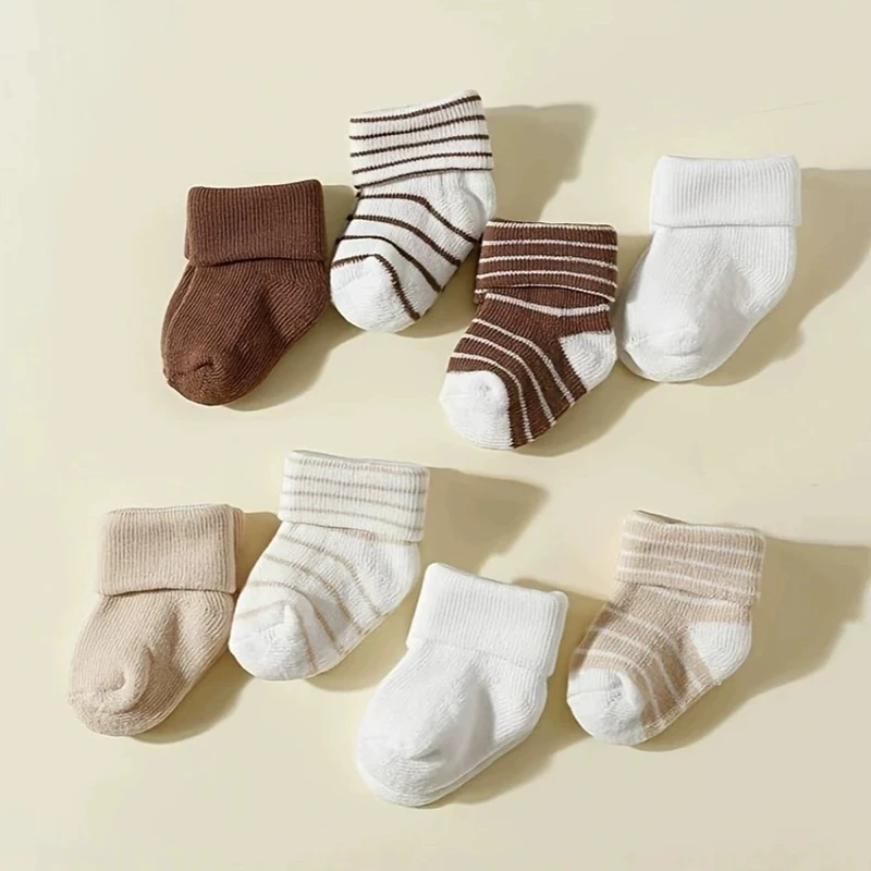 Calcetines de algodón para bebé con estampado de rayas para recién nacidos de 0 a 12 meses, calcetines suaves y cálidos para el suelo interior, accesorio para fotos con diseño bonito, 8 pares/juego
