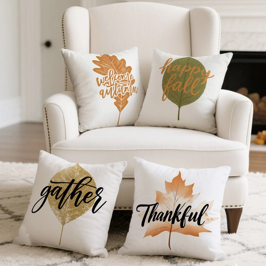 

Funda de cojín con 3 patrones de texto de plantas y hojas de otoño de acuarela, funda de almohada de terciopelo de piel de