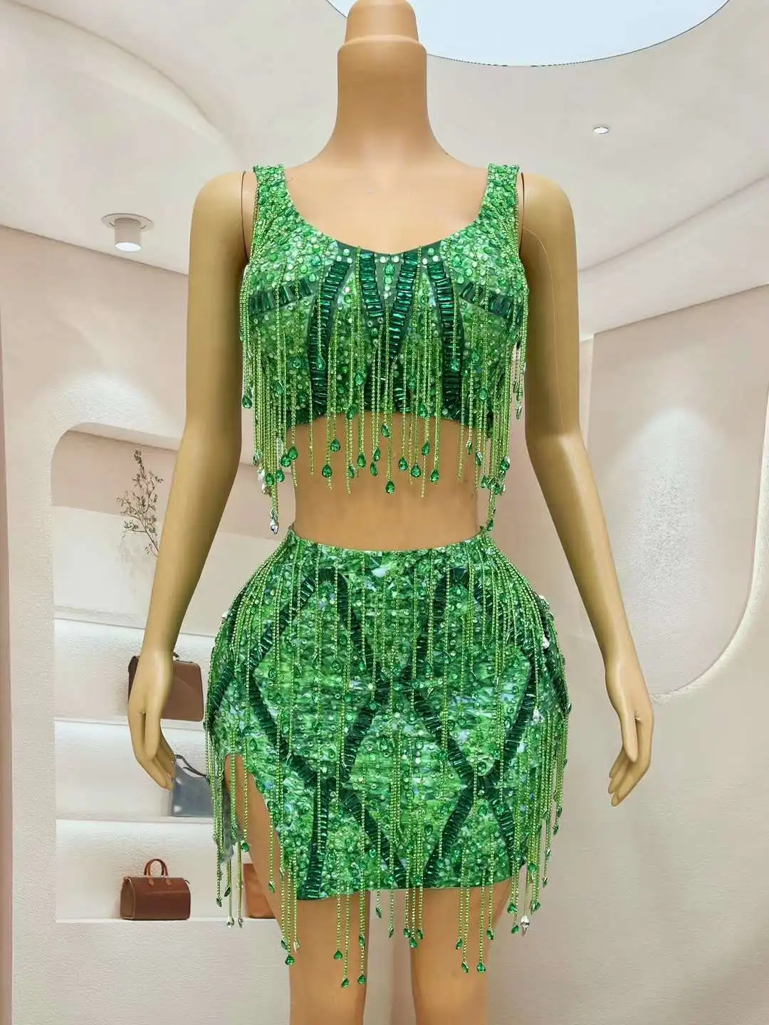 Sexy Flashing Green Rhinestones Crystals Tassel Chains 2 Pieces Set Women Sexy Singer Birthday Celebrate Performance Costume