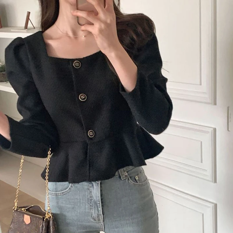 

Ele Bla Women's irt Slimming Bell Sve ort Waist Cinched Faionable Korean Sle Long Sve ort Length Fit irt