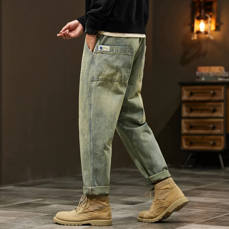 Calça de perna larga larga larga masculina, jeans largo masculino, calça jeans, bolso lateral, azul retrô, moda estilo coreano, primavera, 2022