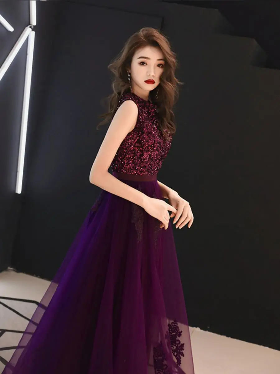 

Purple Evening Gown Long Dr Performance Art Exam Host Dr Sparkling Sequins High Waist Polyester Fabric No Brand