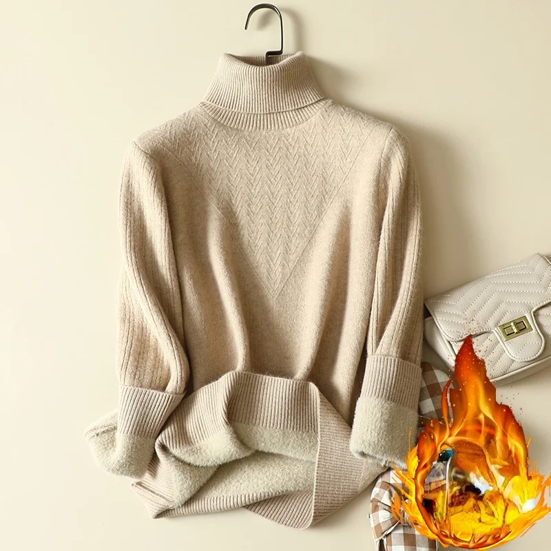 

Turtleneck Knitted Sweater for Women, Monochrome Pullovers, Long-Sleeved Tops, Loose and Elegant, Office Lady, Winter Outwear