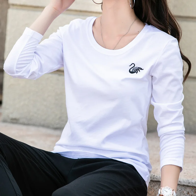 

New 2024 T Shirt Women Long Sleeve Classic Embroidery Swan Fashion Female T-shirt Casual Tops Tees 100% Cotton Camisetas Mujer