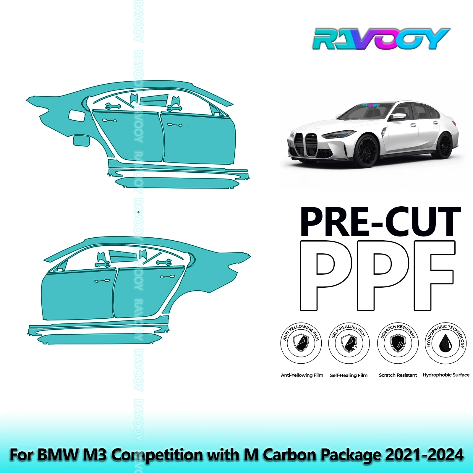 

For BMW M3 Competition with M Carbon Package 2021-2024 8.5mil Pre-Cut PPF Door & A/B Pillar Kit TPU Paint Protection Film Set