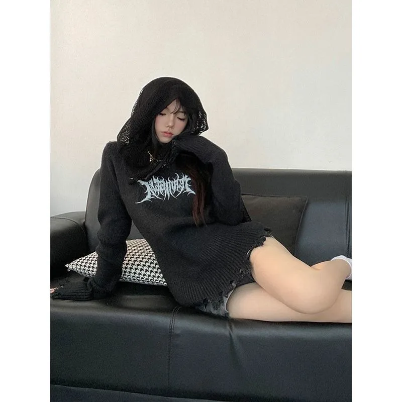 Japanese Tassel Pullovers Women Gothic Printing High Street O-neck Girl Long Sleeves Knitted Slim Tops Soft Sweaters Autumn