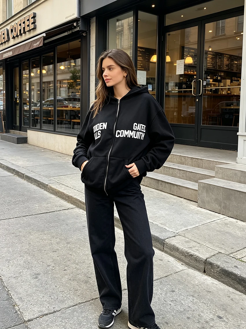 Y2K Damen Oversized Zip-Up Hoodies mit Hidden Hills Gated Community Schriftzug, Kängurutasche, lockere Streetwear-Sweatshirt-Jacken