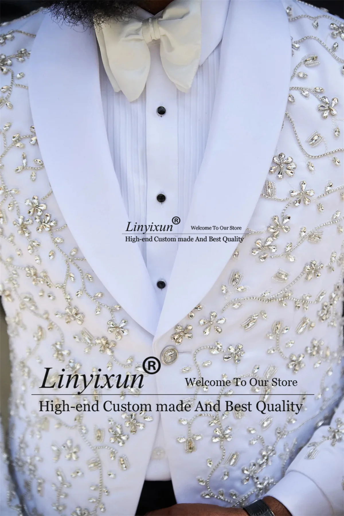 Customized Diamond Crystal Mens Suits Shawl Lapel Groom Wedding Tuxedo 2 Pieces Sets Bridegroom Prom Blazers Party Costume Homme