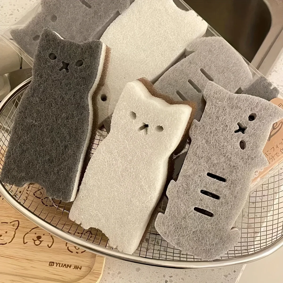 Innovador juego de esponjas de gato lindo de 4 piezas para cocina: herramientas de limpieza gruesas y duraderas para lavar platos, disponibles sin arañazos