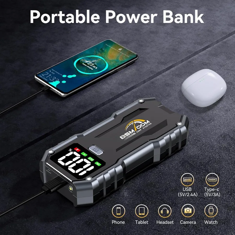 Avviatore di emergenza 7000A 26800mAh Batteria per avviamento di emergenza per auto con display a LED e luce LED integrata per tutti i gas e fino a 10,0 litri D