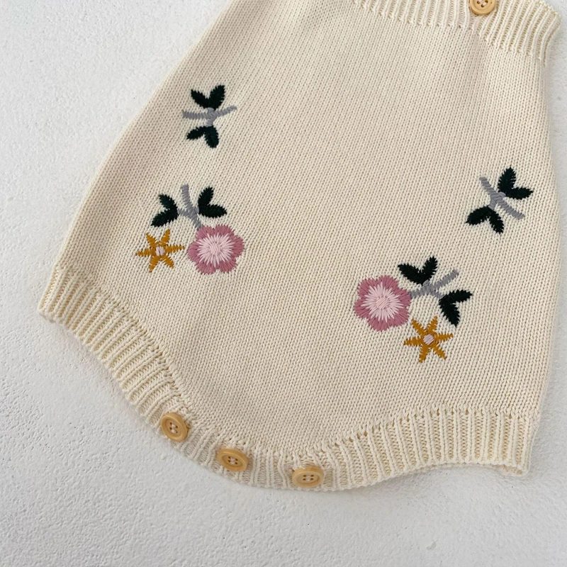 New baby clothing for spring and autumn seasons, 0-3-year-old girl baby flower embroidered knitted pure cotton jumpsuit