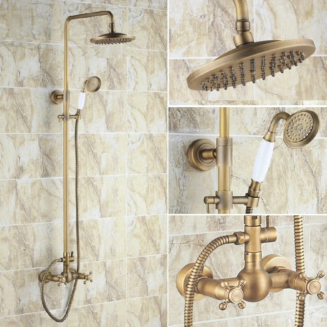 

Antique Brass Wall Mounted Bathroom Shower Faucet Set Rainfall/Handheld Shower Hot And Cold Water Mixer Taps Kit Drs108