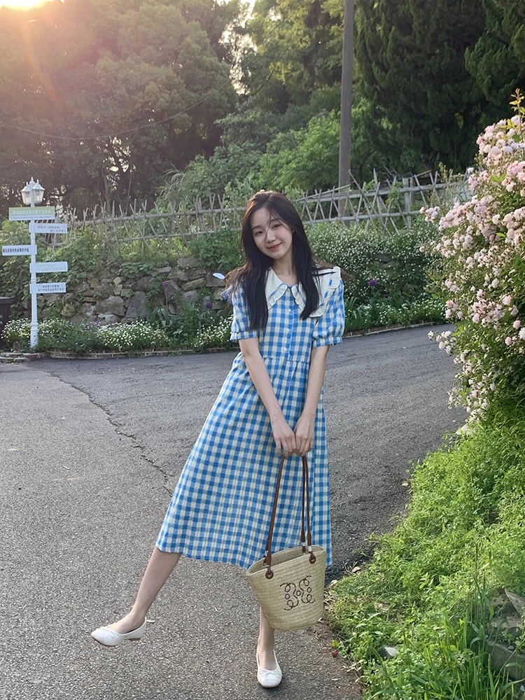 

Корейское летнее милое повседневное платье 2024, новое женское дизайнерское клетчатое платье с воротником Питера Пэна, свободное длинное платье с завязками на бретельках и завязками на талии