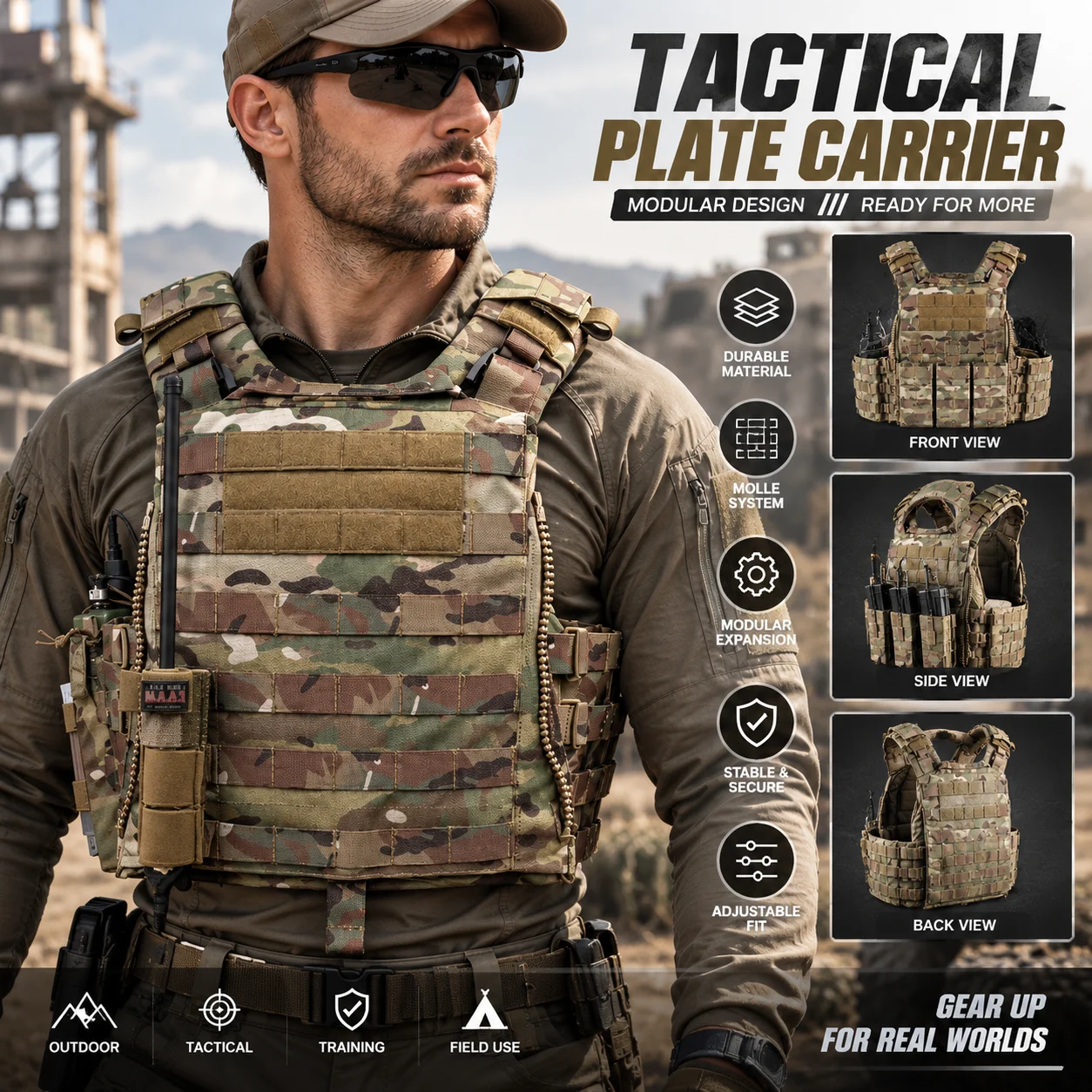 Tactical AVS MBAV Multifunction Vest Quick Release Buckle External Zipper Hook Loop Padded Shoulder MOLLE Vest for Training Kit