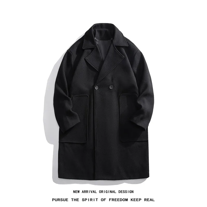 

Мужское шерстяное пальто на осень-зиму, длинное, свободное, утепленное, черное, в корейском стиле, ниже колена, модное, молодежное, для активного образа жизни