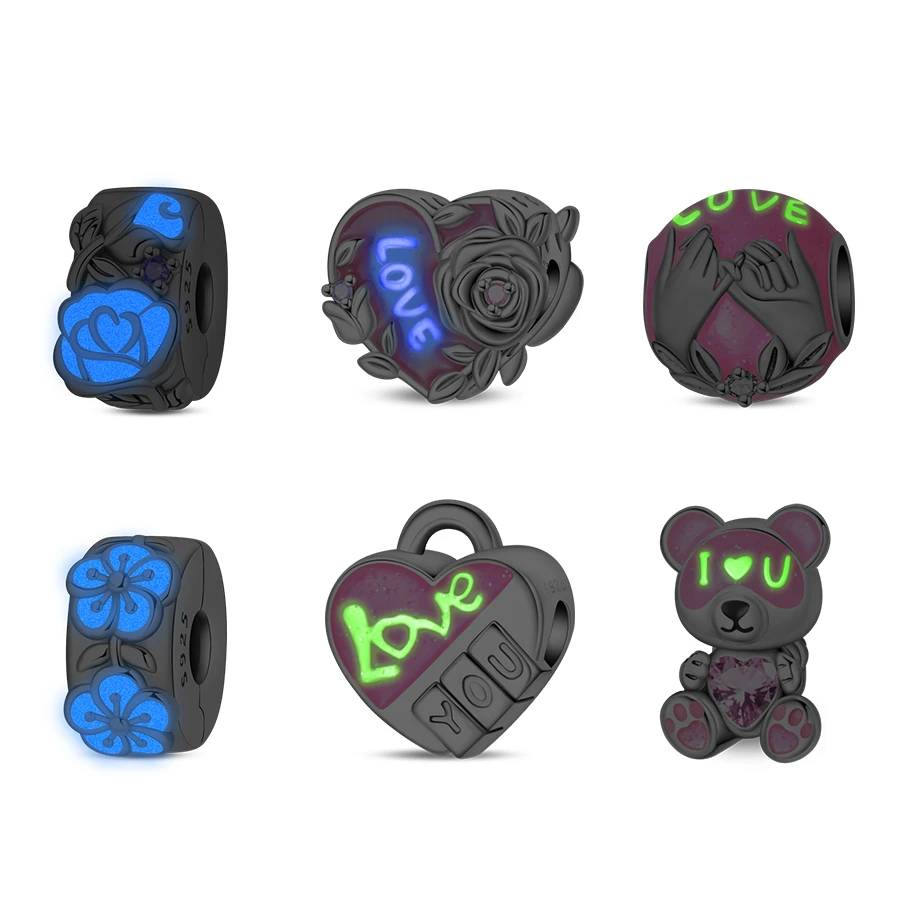 925 Silver Love Cube Glow-in-the-Dark Beads Flower Safety Clip Rose Charms Fit Pandach 925 Original Bracelet Fine DIY Jewelry