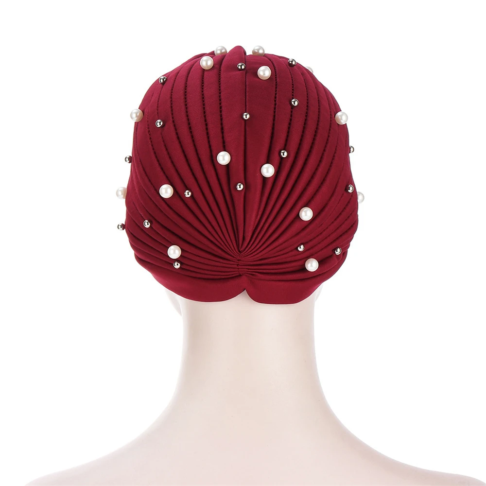 Fashion Women Beaded Plaeted Turban Bonnet Soild Color Turban Hat Inner Hijab Chemo Cap Headwrap Headscarf India Hijabs Bandanas