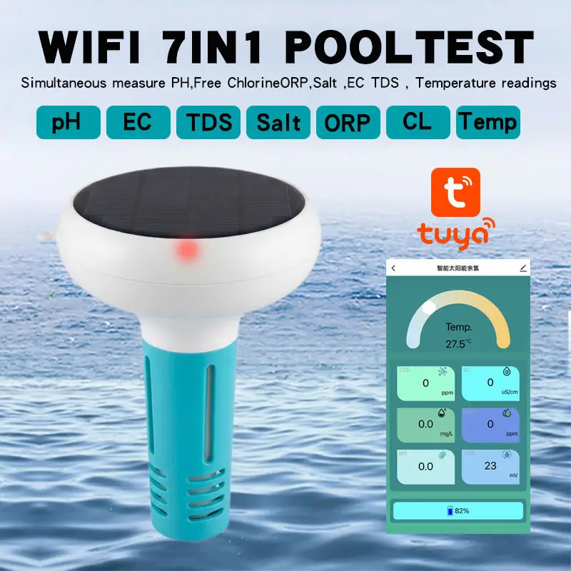Medidor de Calidad del Agua de Alta Precisión 0.1pH, Detector de Piscina con Energía Solar y Conexión WIFI a APP para Medir PH, Salinidad, ORP, Cloro Residual