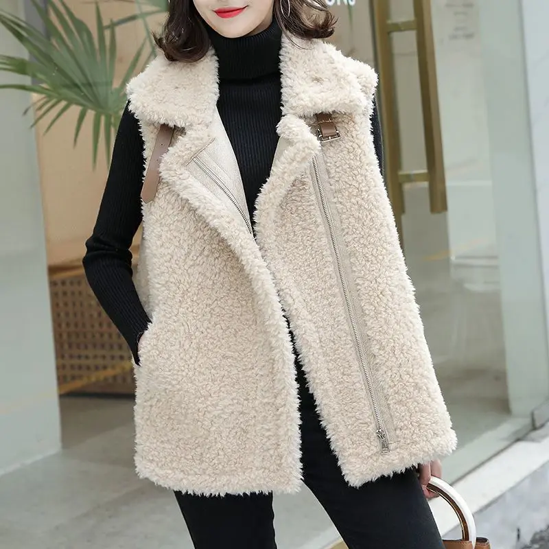 

Lamb Wool Vest Jacket Korean Fashion Short Casual Waistcoat Autumn Winter O Neck Sleeveless Gilet Solid Chaleco Mujer