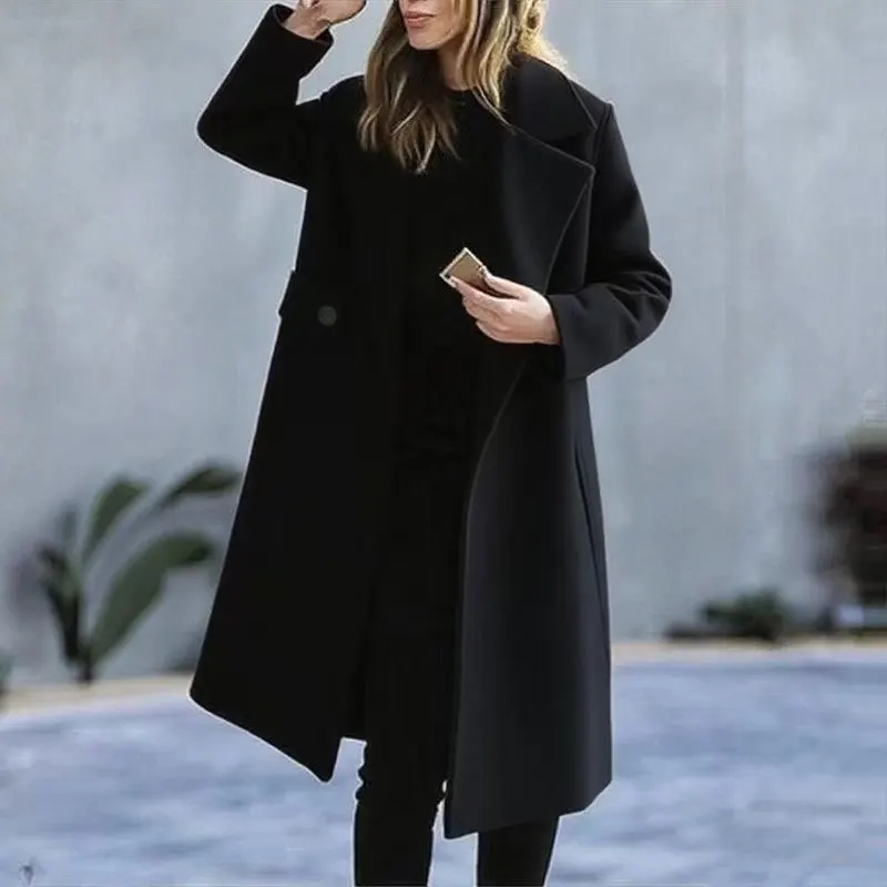 2025 New Plus Size Pure Color Autumn Winter Woolen Coat for Women Comfortable Casual Street Style Mid-Length Loose Fit Coat