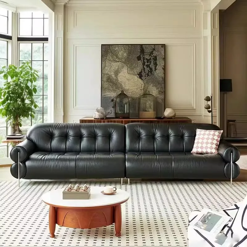 

French retro sofa light luxury antique living room sofa black leather high foot brown sugar cloud sofa small apartment
