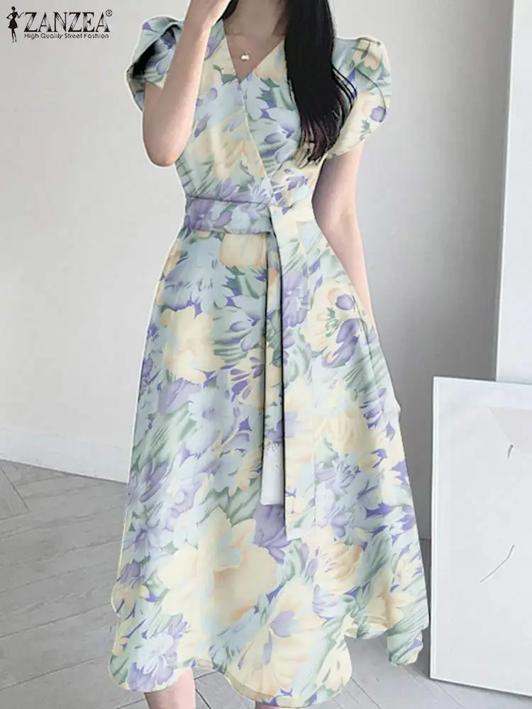 ZANZEA-Robe mi-longue élégante à manches courtes et col en V pour femmes, robe d'été imprimée florale, mode de fête de vacances d'été, 2024