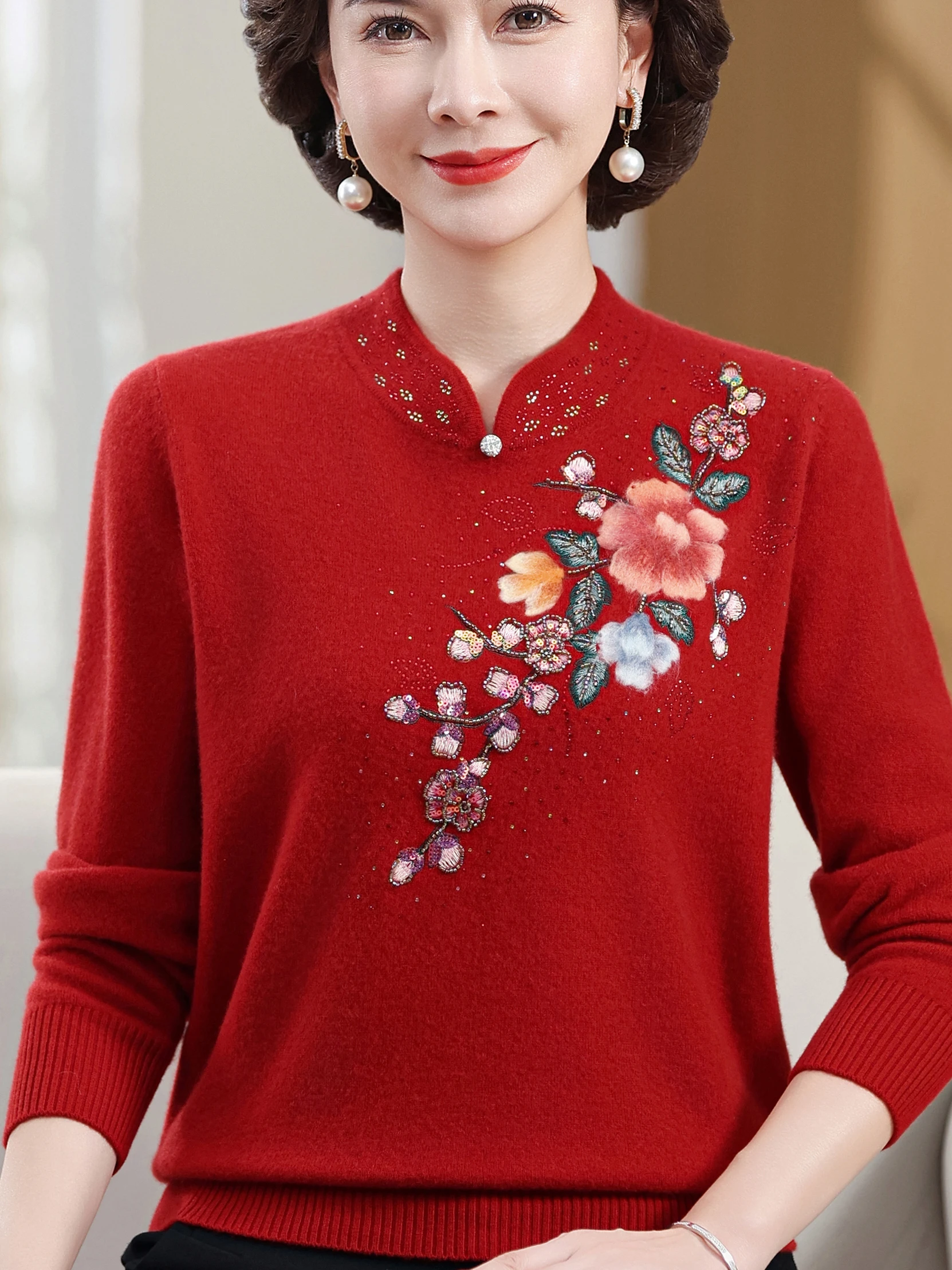 

Эле вышитая шерстяная основа irt, осенне-зимний воротник, модный элитный свитер для мамы, топ для среднего возраста...