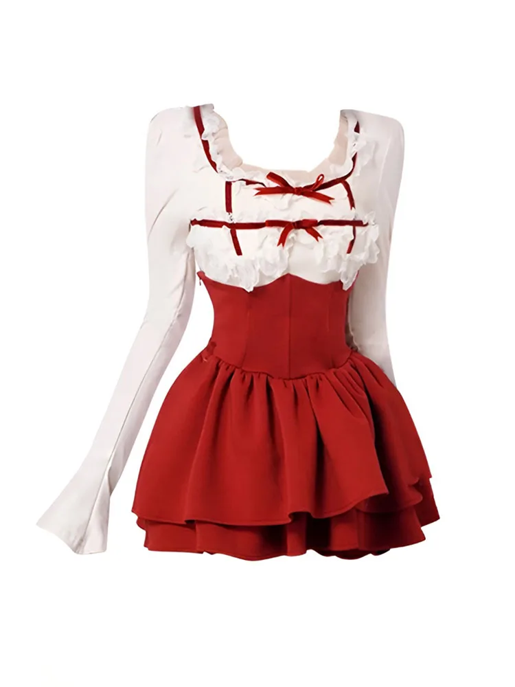 

Formal Occasion Luxury Outfits 2 Piece Skirt Set Square Collar Tops Festival + Red A-Line Skirt Gyaru Sweet Kawaii High Street