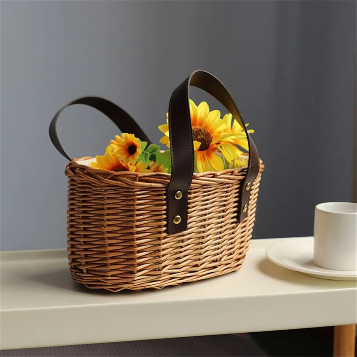 Elegant Wicker Picnic Basket with Double Leather Handles, Handmade Willow Hamper for Various Occasions