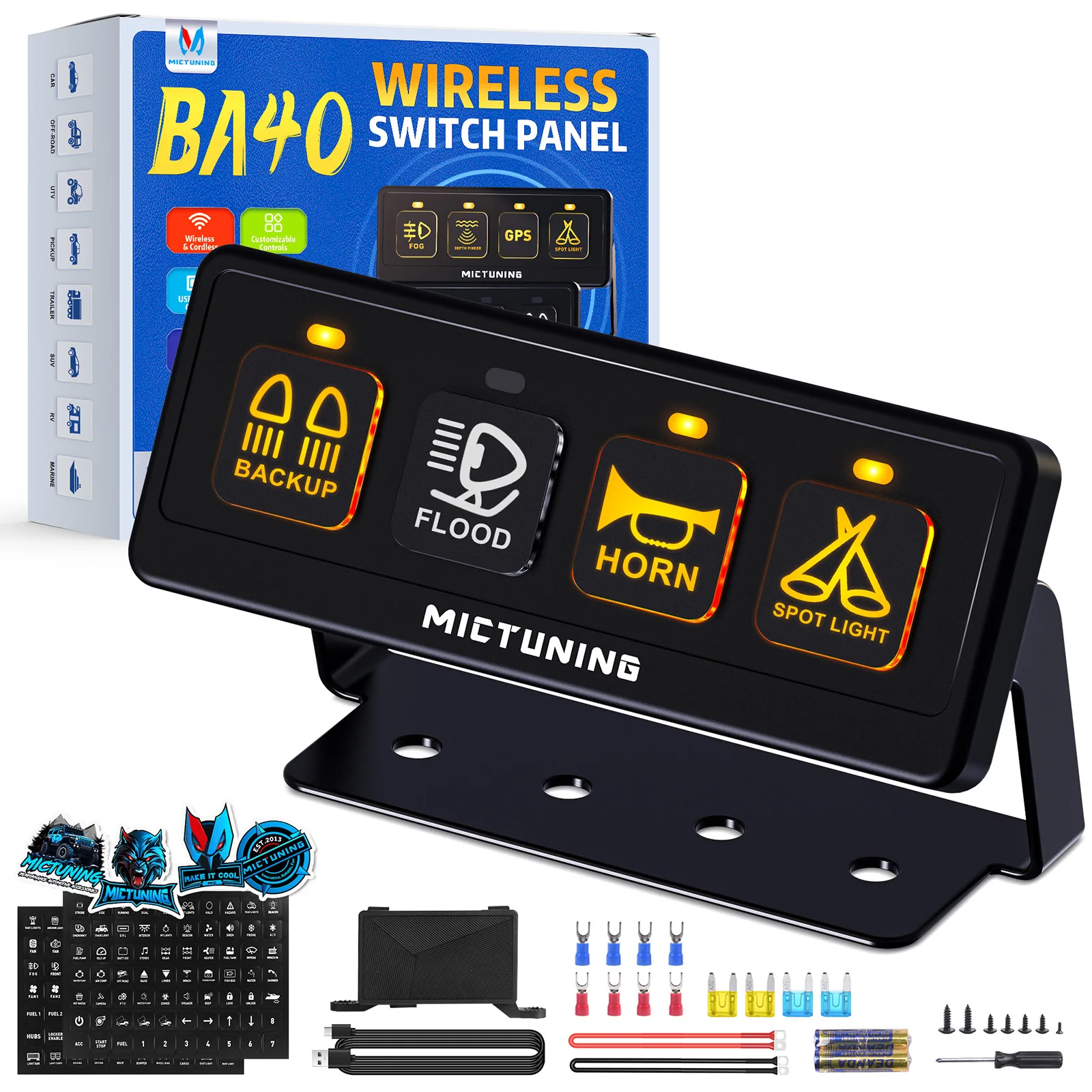 

MICTUNING New version 4 Gang Wireless Switch Panel Auxiliary Car Swtich Panel Toggle/Momentary/Flash/Strobe Mode with ON-OFF Box