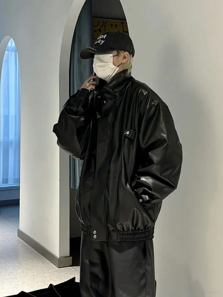 

Bla ort Leather Jaet Men's Motorcycle Sle Workwear irt American Baseball Sle Windproof Long Sve Zipper Closure