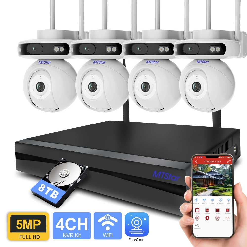 MTStar 4CH Wireless WiFi PTZ Camera Kits 5MP Two Way Audio IP66 Color Night Vision H.265+ P2P Human Detection CCTV P2P EseeCloud