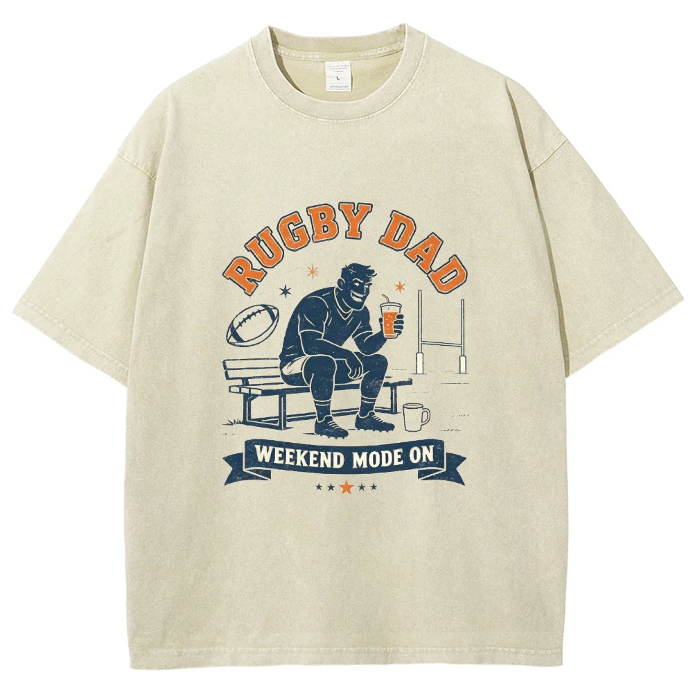 Rugby Dad Weekend Mode On T Shirt Vintage Washed Beige Graphic Tees Oversized Cotton Short Sleeve Tops Gift for Sports Dad