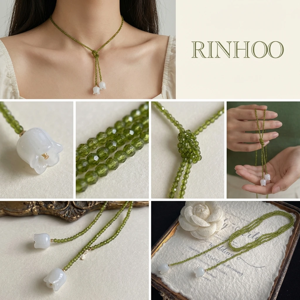 Romantische Fairycore-Halskette mit grünen Kristallperlen für Damen, weiße Lilien-Anhänger, vielseitige Choker-Accessoires, Schmuck, Geschenk – Detail 4