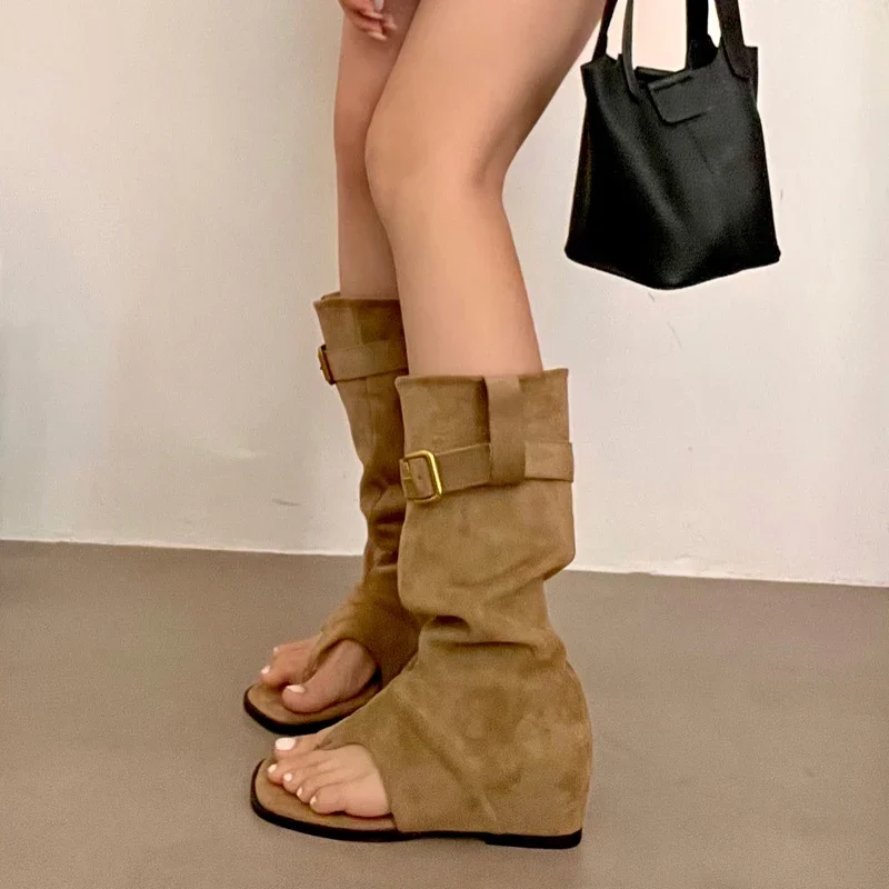 

Eilyken Fashion Open Clip Toe Pleated Ankle Boots Sandals Women Short Booties Designer Wedges High Heels Ladies Shoes
