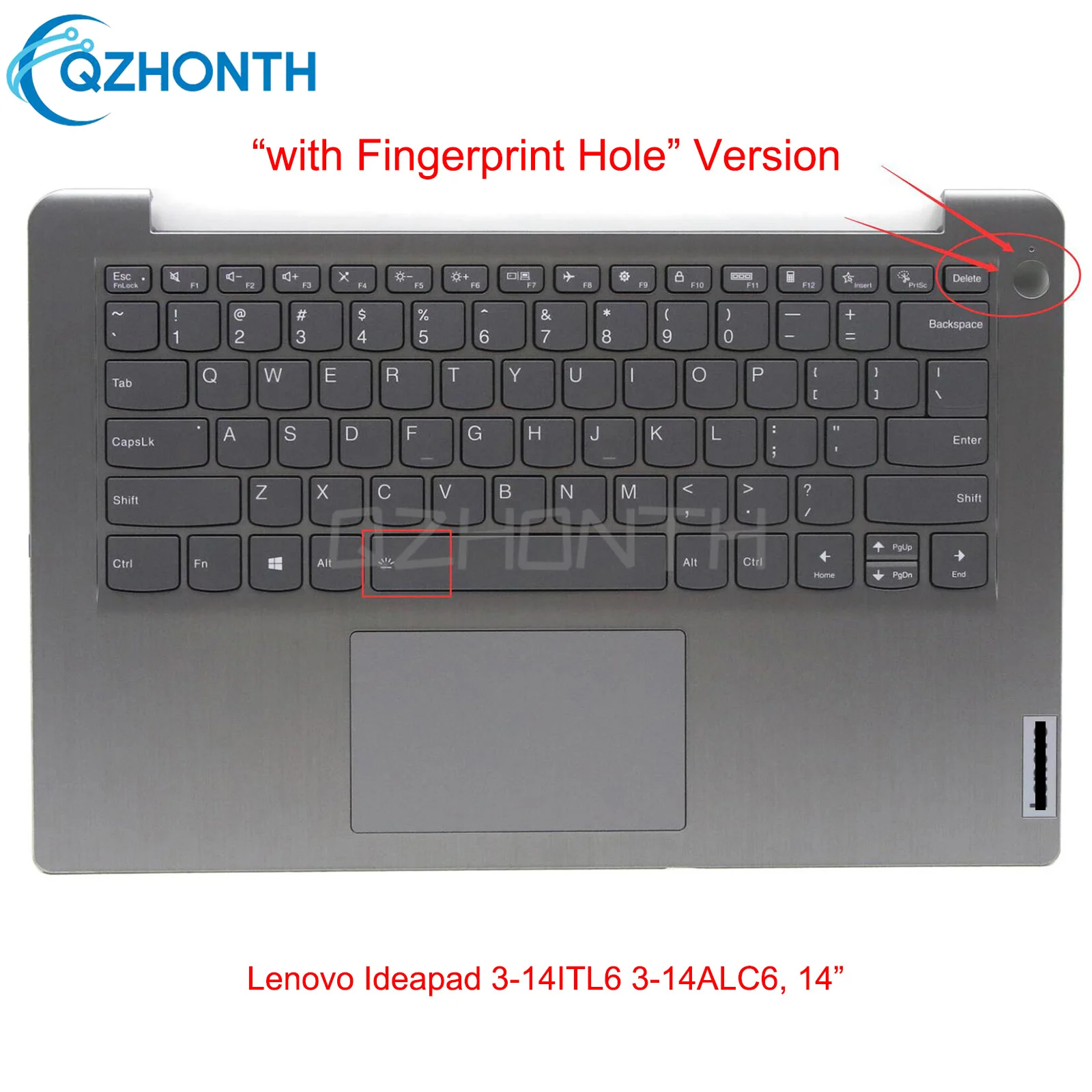 New Palmrest Upper Case w/ Backlit Keyboard (Fingerprint Hole Version) For Lenovo IdeaPad 3-14ITL6 3-14ALC6 5CB1B97796 14