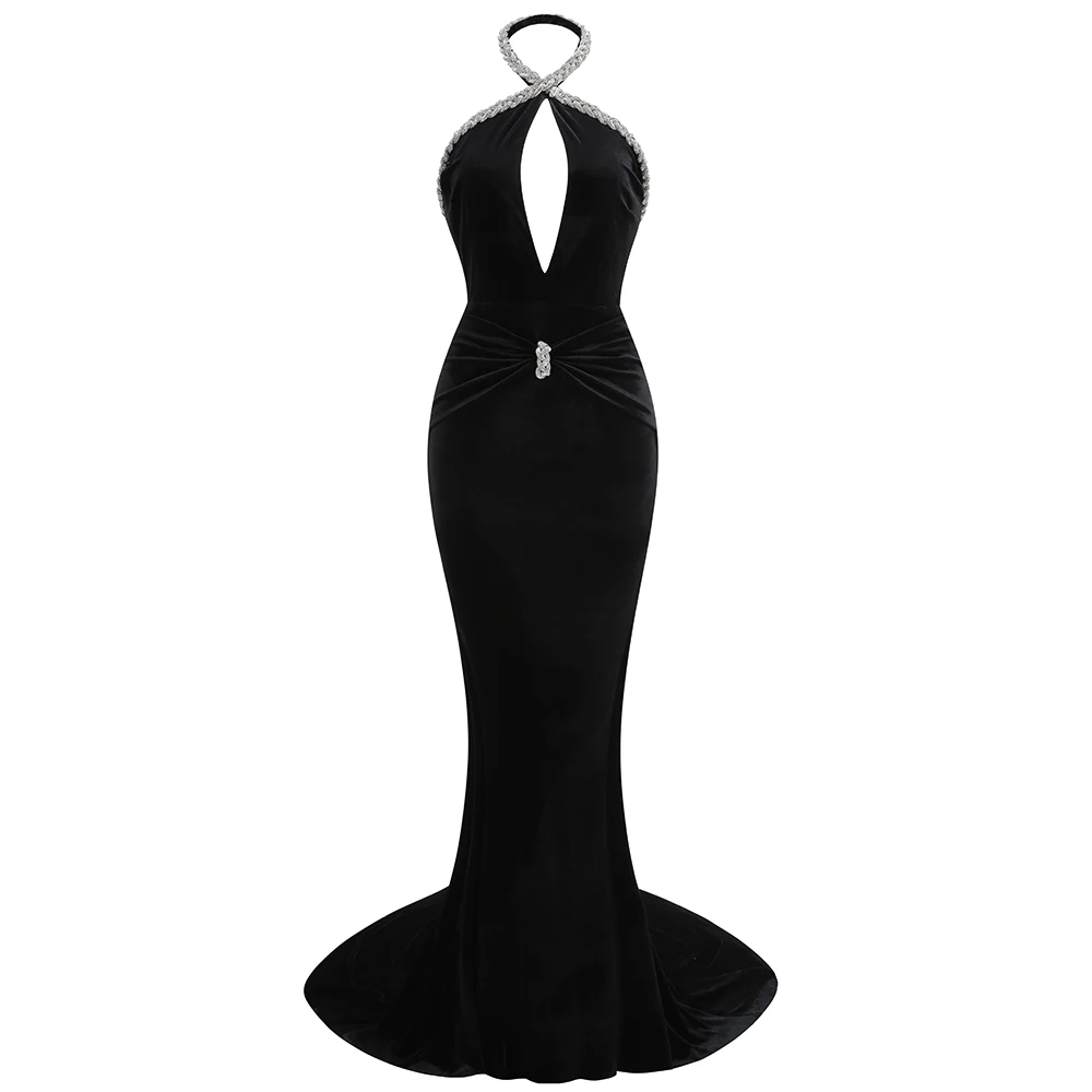 Luxury Prom Gowns  Women Elegant Black Sexy Hanlter Cut Out Backeless Diamonds Stripe Maxi Long Celebrity Evening Party Gowns