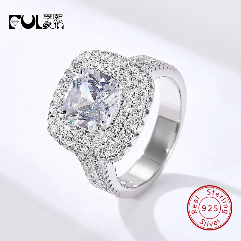 925 Sterling Silver Rhodium Plated Cushion Zircon Double Halo Ring Triple Pave Band Luxury Engagement Wedding Jewelry Gift